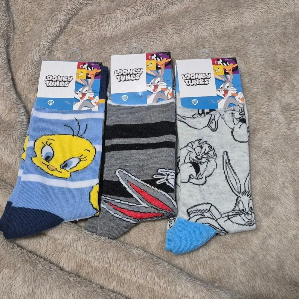Looney Tunes Crew Socks 3 Pair Bundle Tweety Bugs Bunny Taz Mens Size 10-13 NEW